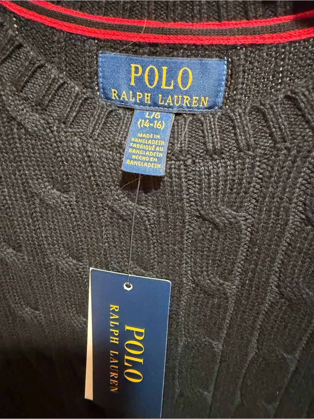 Ralph Lauren Black Cable-Knit Crewneck Sweater with Red Pony